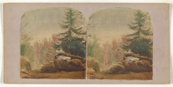 Unknown, [Two men on a rock in a forest]