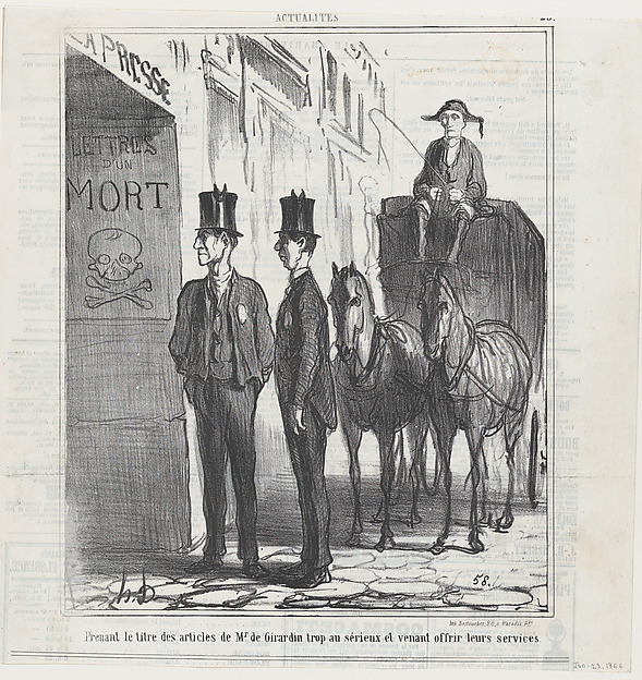 Honoré Daumier, Taking the headlines of Monsieur de Girardin too seriously and coming to offer their services, from 'News of the day,' published in Le Charivari, January 23, 1866