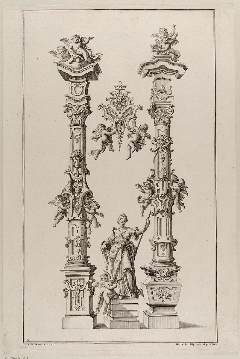 Johann Andreas Bergmüller, Zwei Säulen mit zahlreichen Ornamenten, Blatt 2 aus der Folge "Gantz Neu sehr nützl. Säulen und andern Ornamenten"