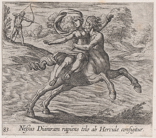 Antonio Tempesta, Plate 83: Nessus Attempting to Take Dejanera from Hercules (Neßus Dianiram rapiens telo ab Hercule configitur), from Ovid's 'Metamorphoses'