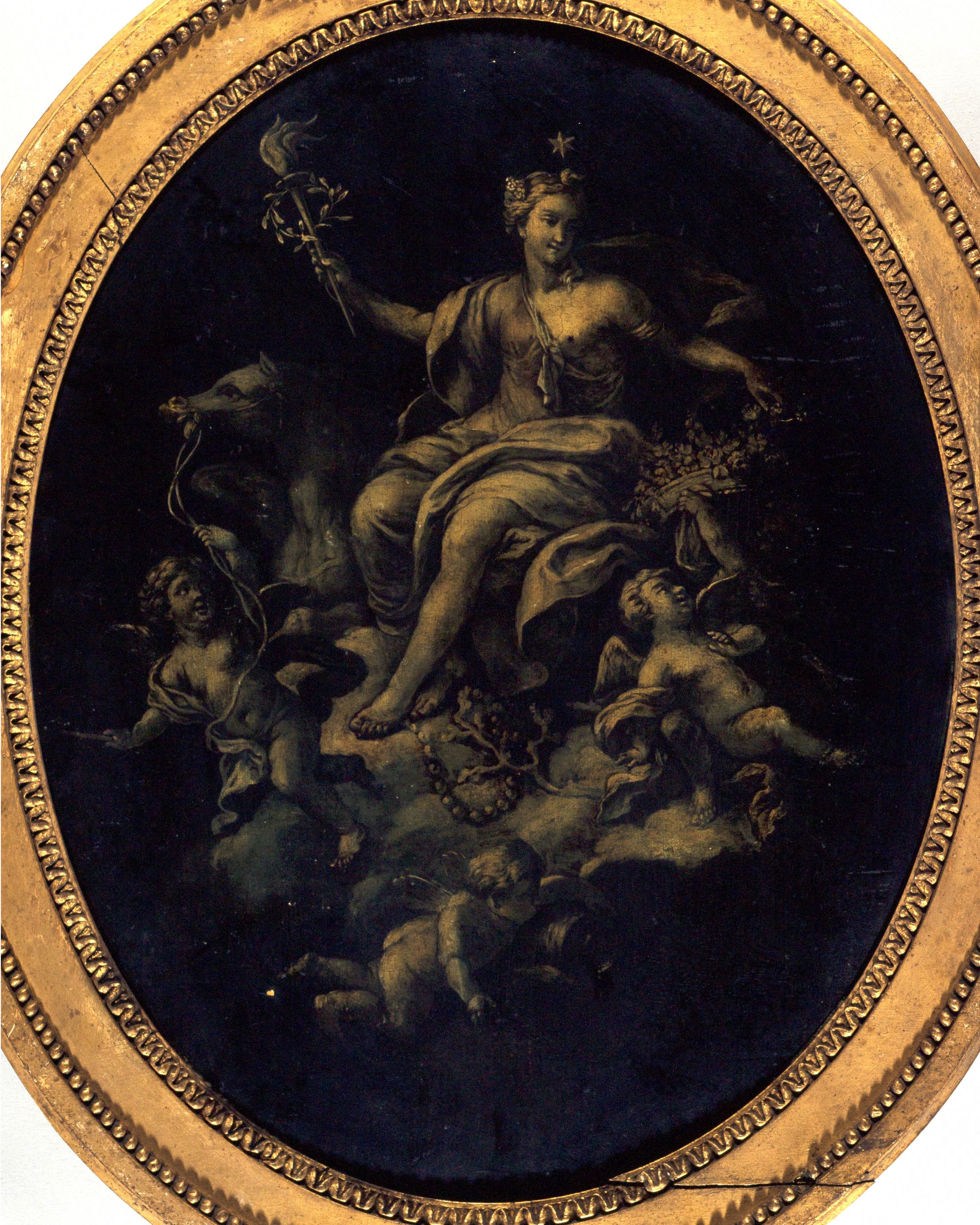 Anonyme, Le Point du Jour, entouré de trois amours ; fragment de boiserie, décor de carrosse (?)