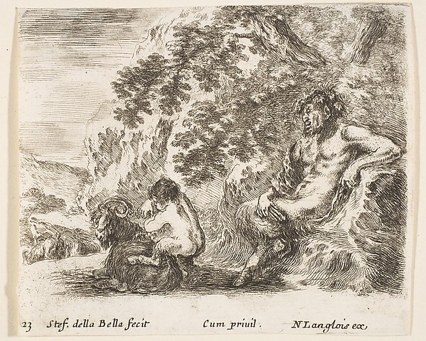 Stefano della Bella, A satyr sitting against a tree to right and holding a flute in his right hand, a child playing with a goat to left, plate 23 from "Diversi capricci"