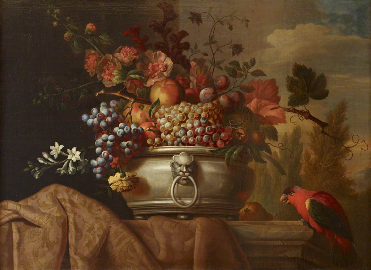 Jakob Bogdani, Fruit in a Pewter Bowl with a Parrot
