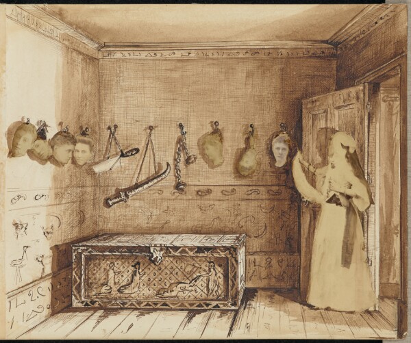 Unknown, [Woman in a room with hanging heads]