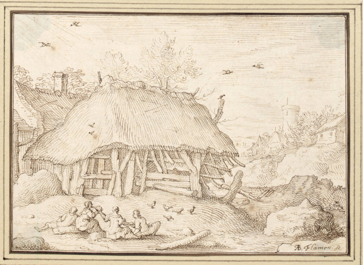 AlbertFlamen, Bauernhaus, davor eine auf der Wiese sitzende Gesellschaft (III-51)