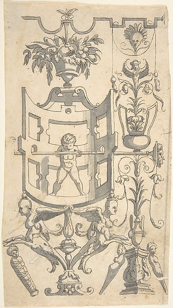 Anonymous, Italian, 16th century, Candelabra Grotesque with a Naked Boy in a Strapwork Contraption