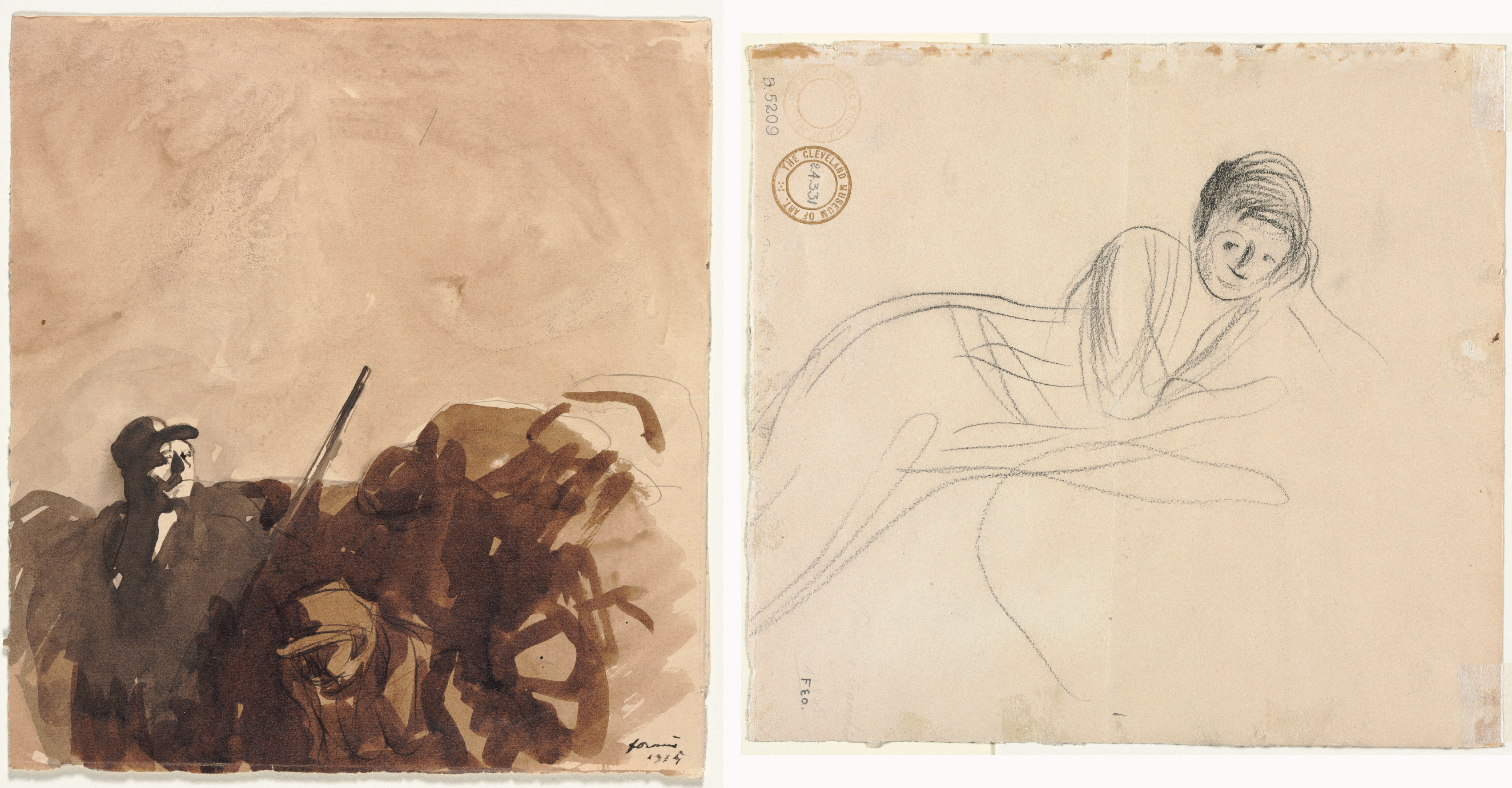 Jean Louis Forain, Soldier in a Trench (recto) Reclining Woman (verso)