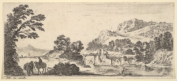 Stefano della Bella, A mule carrying a woman and a peasant walking with a mule to left, a fisherman to right casting his line towards the right, a bridge in the center background, from "Various Landscapes" (Divers Paysages)