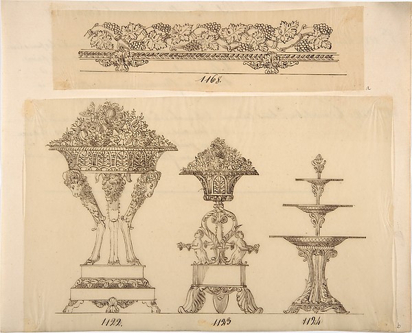 Anonymous, French, 19th century, Designs for a Decorative Frieze, Two Planters and a Server