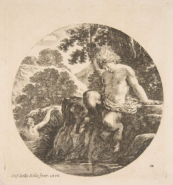 Stefano della Bella, Young Satyr About to Bathe in a River, from "Landscapes and seaports" (Paysages et ports de mer, dans des ronds)