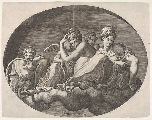 Giorgio Ghisi, Venus and Cupid and two other goddesses seated on a cloud under an arch and accompanied by a putto, an oval composition, from a series of eight compositions after Francesco Primaticcio's designs for the ceiling of the Ulysses Gallery (destroyed 1738-39) at Fontainebleau