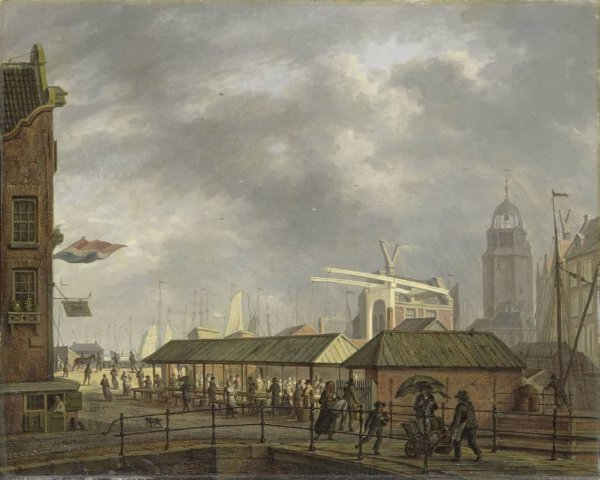 Johannes Jelgerhuis, The small Fish Market on the Corner of the Brouwersgracht and Singel, Amsterdam