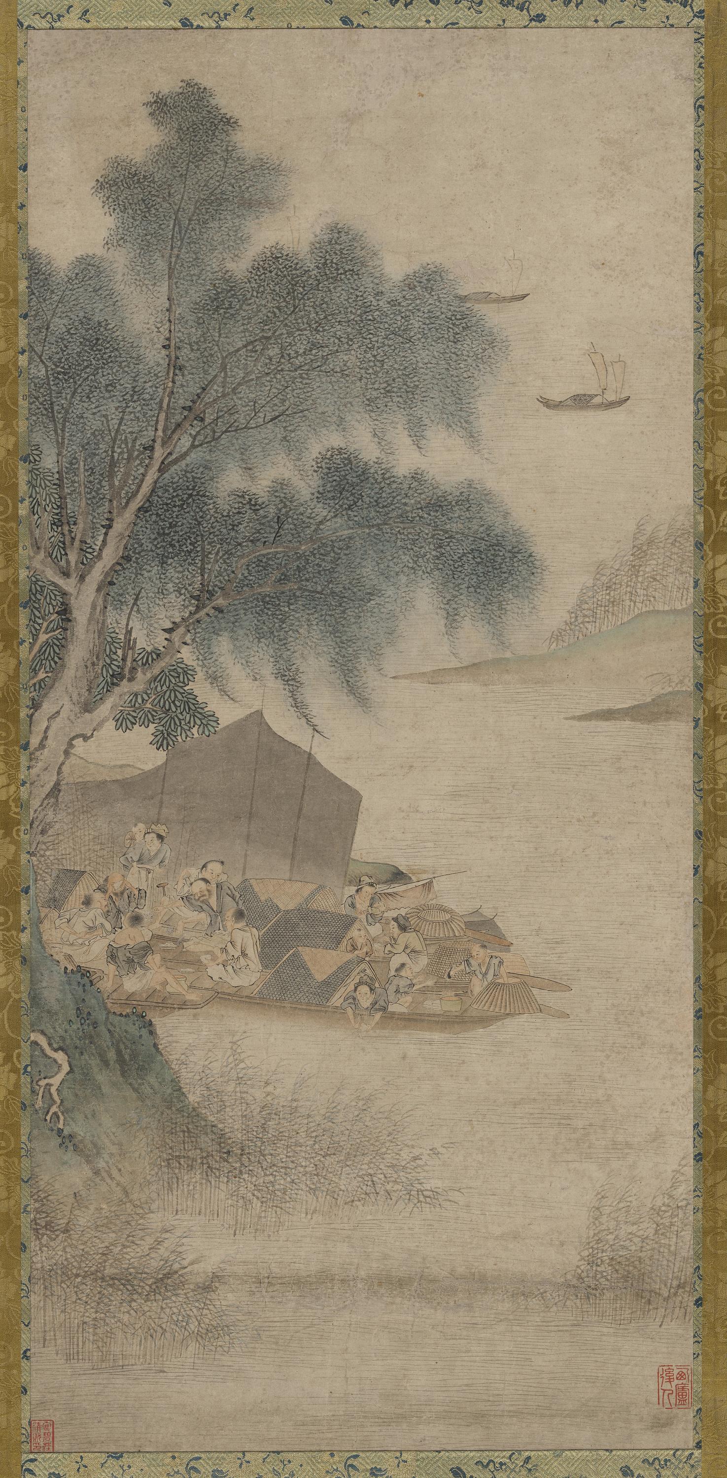 Formerly attributed to Liu Songnian, Fisher folk moored under trees
