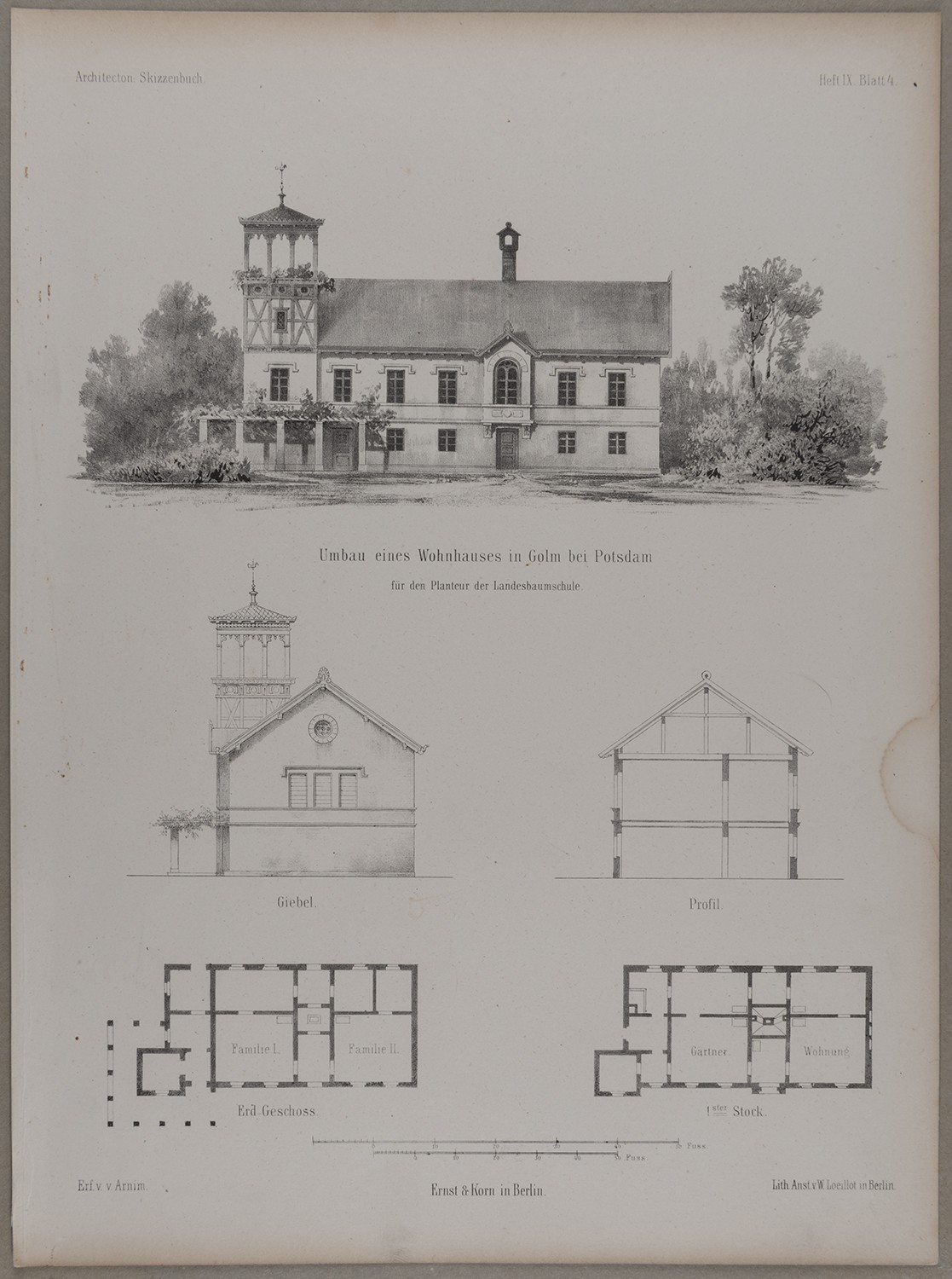 Lithographische Anstalt Wilhelm Loeillot, Golm (Kr. Osthavelland): Wohnhaus für den Planteur der Landesbaumschule (Architectonisches Skizzenbuch)