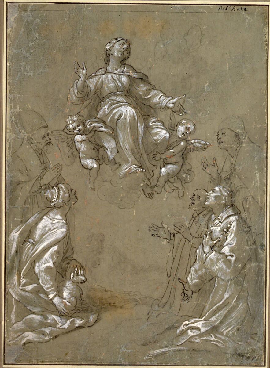 Anonym, Die Madonna auf Wolken, von zwei Engeln getragen, wird von zwei stehenden Klerikern, der links knienden heiligen Agnes und zwei rechts knienden Heiligen verehrt