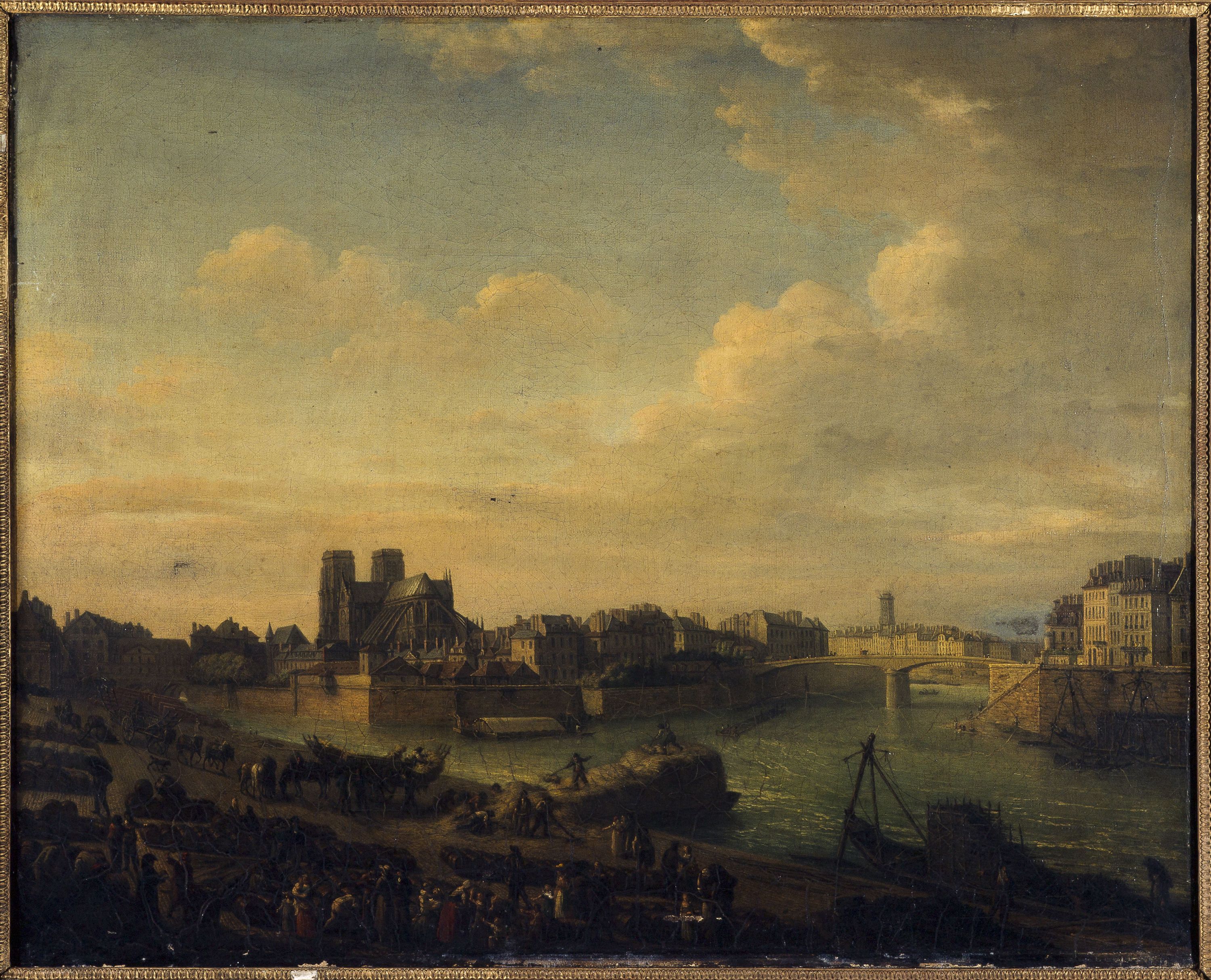 Anonyme, Le Port au foin, la pointe orientale de l'île de la Cité et la pointe occidentale de l'île Saint-Louis, vers 1820