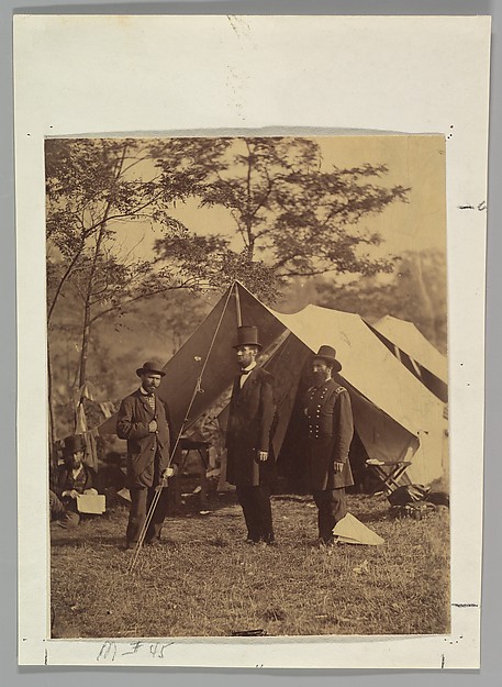 Alexander Gardner, [President Abraham Lincoln, Major General John A. McClernand (right), and E. J. Allen (Allan Pinkerton, left), Chief of the Secret Service of the United States, at Secret Service Department, Headquarters Army of the Potomac, near  Antietam, Maryland]