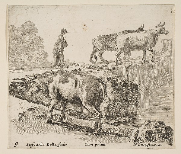 Stefano della Bella, A cow ascending a bank, a peasant woman leading two cows across a bridge in background, plate 9 from "Diversi capricci"