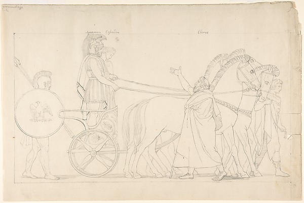 John Flaxman, Composition from the "Tragedies of Aeschylus," plate 17 (recto); Goddess statue from "The Suppliants," plate 7 (verso)