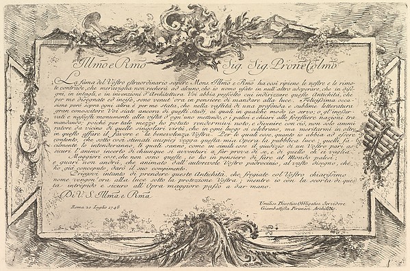 Giovanni Battista Piranesi, Dedication to Giovanni Bottari (Dédicace à Bottari), from "Antichità Romane de' Tempi della Repubblica, e de' primi Imperatori"