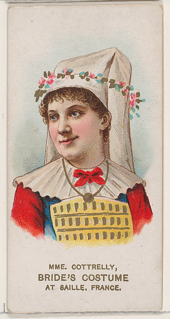 W. Duke, Sons & Co., Mme. Cottrelly in Bride's Costume of Saille, France, from the set Actors and Actresses, First Series (N70) for Duke brand cigarettes