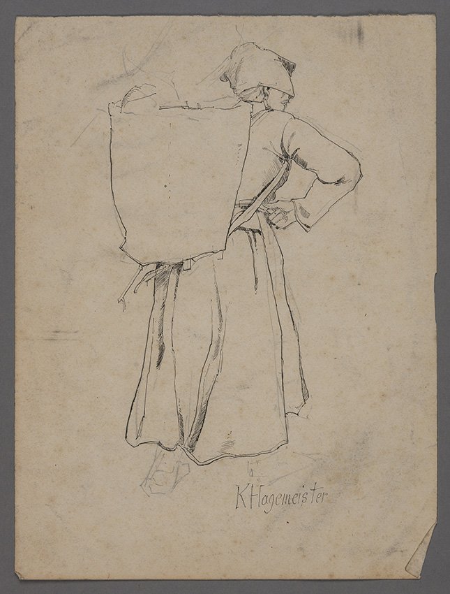 Karl Hagemeister, Frau von hinten, mit Kiepe auf dem Rücken, 1885/1886