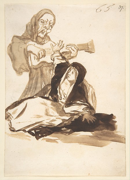Goya (Francisco de Goya y Lucientes), A nun frightened by a ghost playing a guitar; page 65 from the "Images of Spain" Album (F)