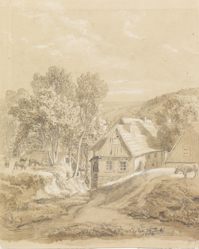 August Matthias (author) Hagen, Landscape with houses and herds (Bad Elster)