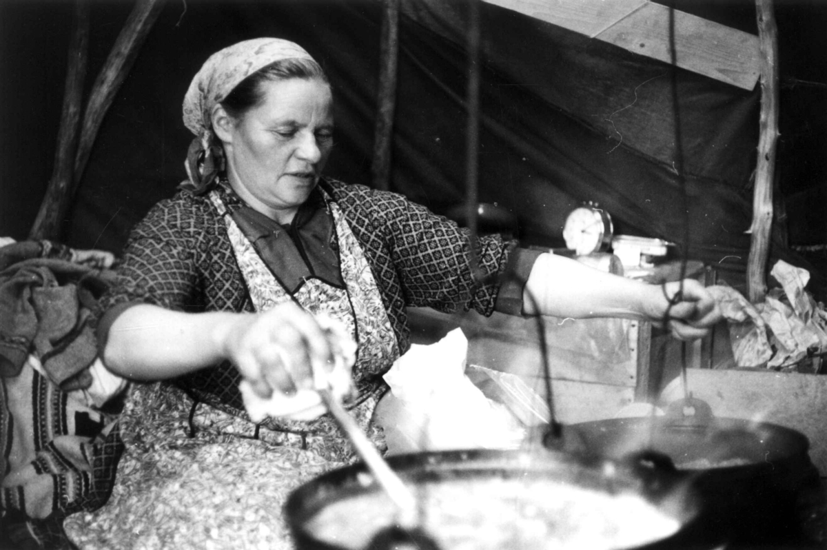 Virginia Raymond Davidson, Ellen Marie Anti koker lapskaus i et telt. Vidda over Ytre Billefjord.1959.