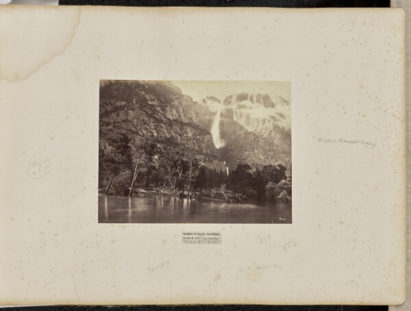 Eadweard J. Muybridge, Yo-Sem-i-te Valley, California. Yo-Sem-i-te Falls, (Large Grizzly Bear). 2,700 Feet Fall, Viz: Upper Fall, 1,600; Cataracts and Small Falls, 700; Lower Fall, 400 Feet