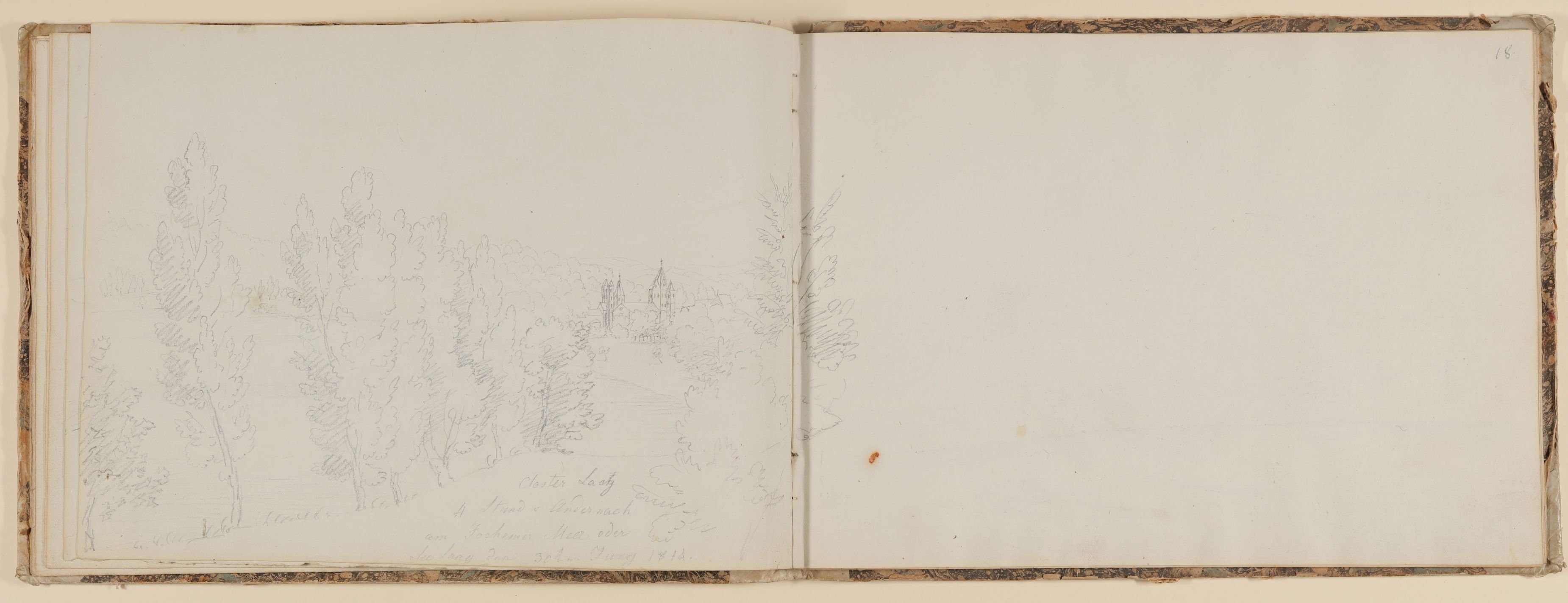 Rosette Städel, Die Abtei Maria Laach, eingebettet in die Landschaft [aus einem Skizzenbuch der Rosette Städel, Blatt 17v]