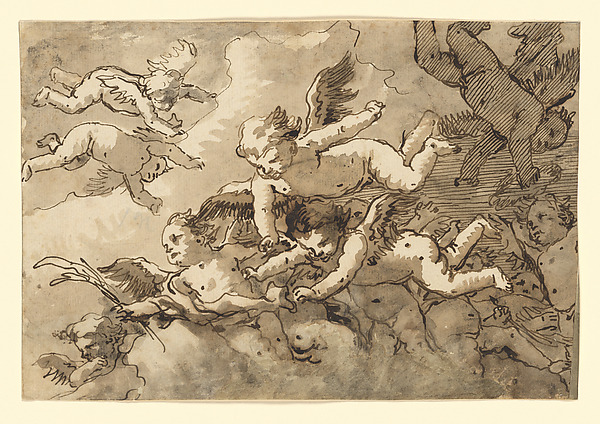 Giovanni Domenico Tiepolo, A Flock of Winged Cherubs in the Sky, One Holding a Martyr's Palm