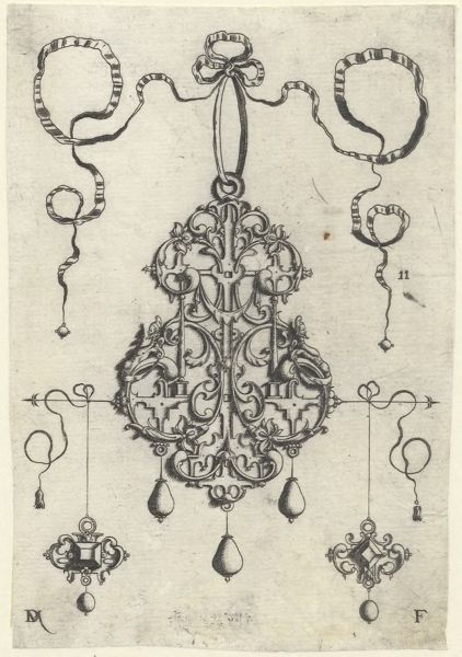 Mignot, Daniel, (active 1593-1596), (printmaker), Strapwork pendants: Large strapwork pendant, lower left and right, as earrings, two hangers