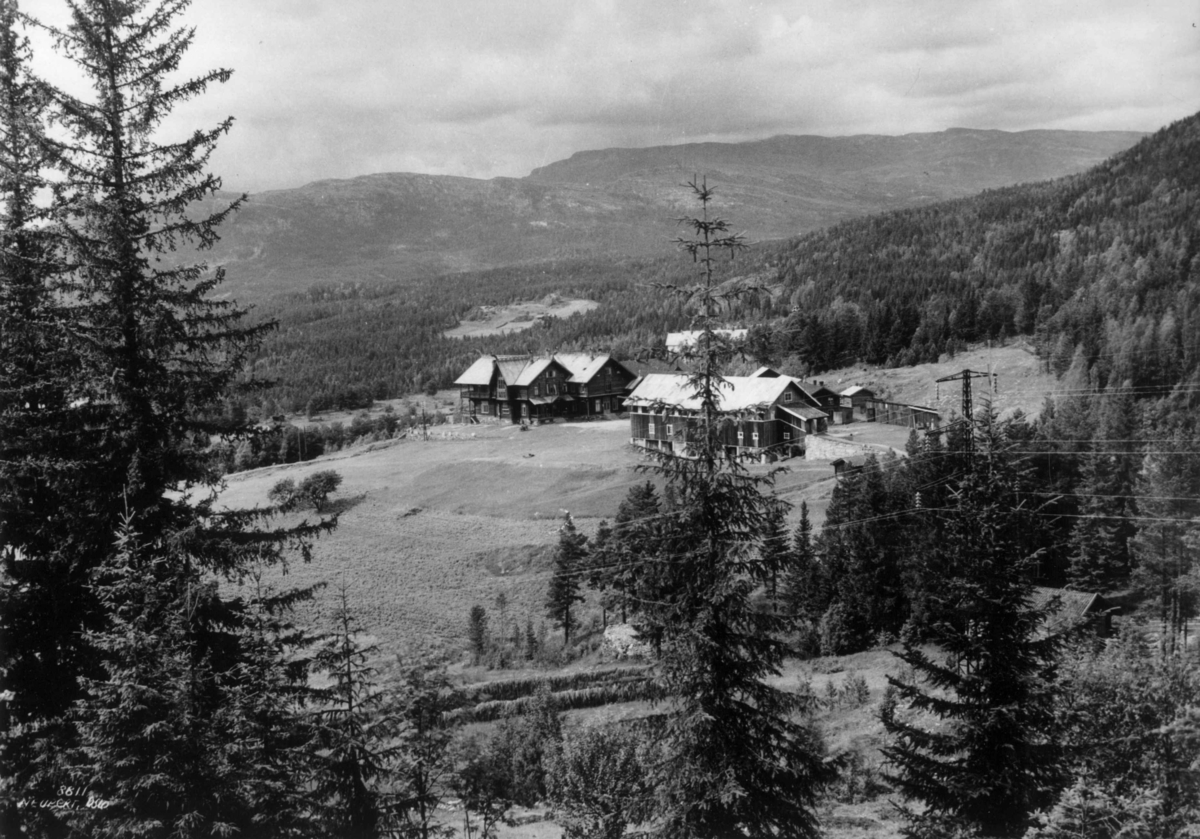 Hermann Christian Neupert, Bolkesjø hotell, Gransherad, Telemark. 1931. Oversiktsbilde. Landskap med gårdsanlegg. Skog og fjell i bakgrunnen.