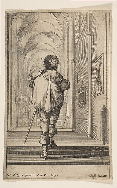 Abraham Bosse, A gentleman seen from behind walking into a church, plate 8 from "French Nobility at Church"