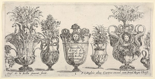Stefano della Bella, Seven vases, the vase in the middle decorated with the face of Medusa, Plate 1 from "Collection of Various Vases" (Raccolta di Vasi Diversi)