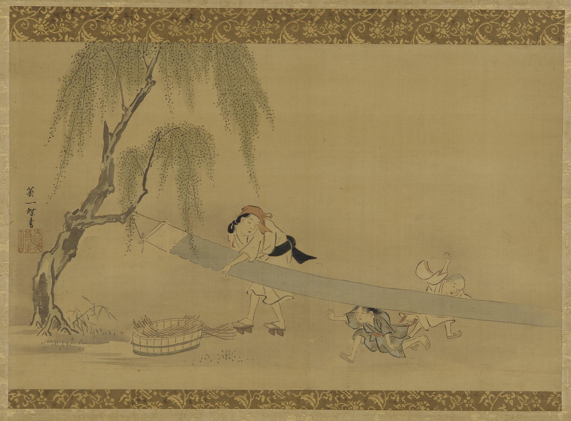 Hanabusa Itcho, Woman stretching cloth to dry; two children at play