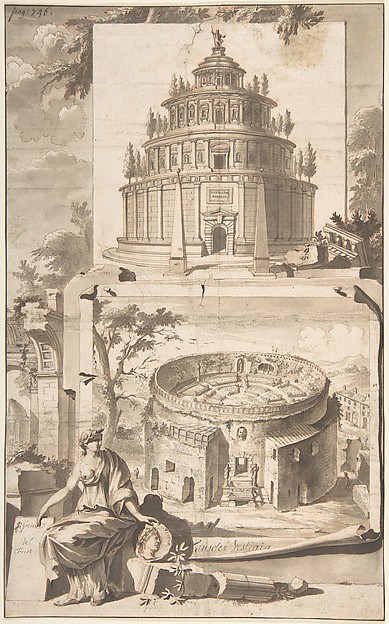Jan Goeree, A Reconstruction of the Mausoleum of Augustus (above) and a View of the Ruins (below)