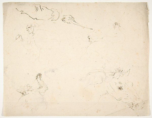 Stefano della Bella, Figures in Battle and Head of a Horse (recto); Studies of a Man's Head and Arms (verso)