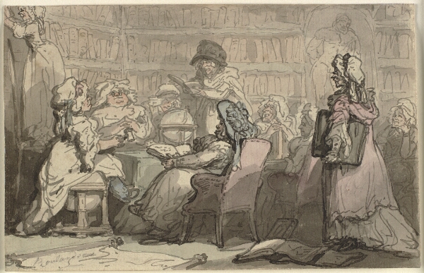 Thomas Rowlandson, Et lærd akademi af blåstrømper, samlet omkring et bord i en bogsal