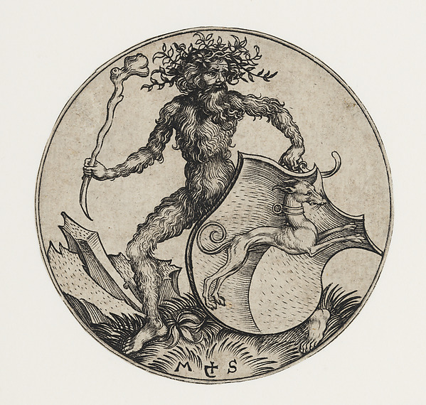 Martin Schongauer, Shield with Greyhound Held by Wild Man