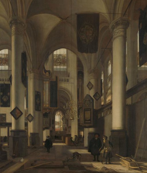 Emanuel de Witte, Interior of a Protestant Gothic Church with Motifs from the Oude and Nieuwe Kerk in Amsterdam