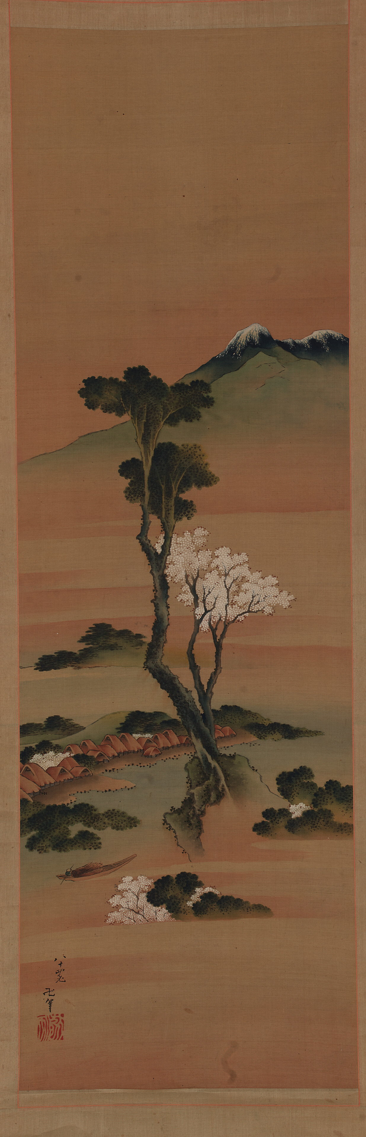Katsushika Hokusai, River landscape: village and tall trees