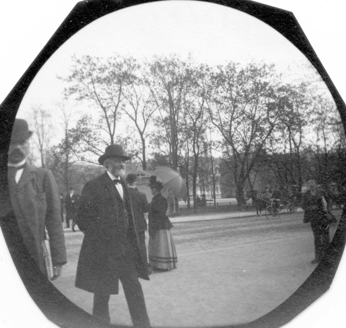 Fredrik Carl Mülertz Størmer, Mennesker i park. Professor C. A. Bjerkenes. Bygårder bak trærne og hestevogn på veien.