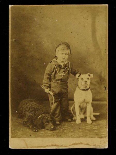 Unknown, Portrait of a child with two dogs. Cabinet card.