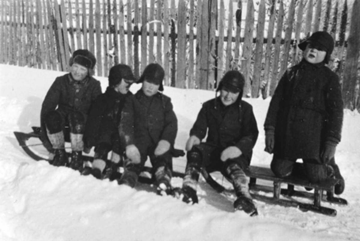 Anno Domkirkeodden, Simenstad gard i Veldre. Bnr. 138-1. Barn i lek, kjelker. Vinteraktivitet. Søskenbarn. F. v Per Bolstad, Kristian Fjeldstad, Ansten Fjeldstad, Håkon Berg, Ansten Berg. Ca. 1926.