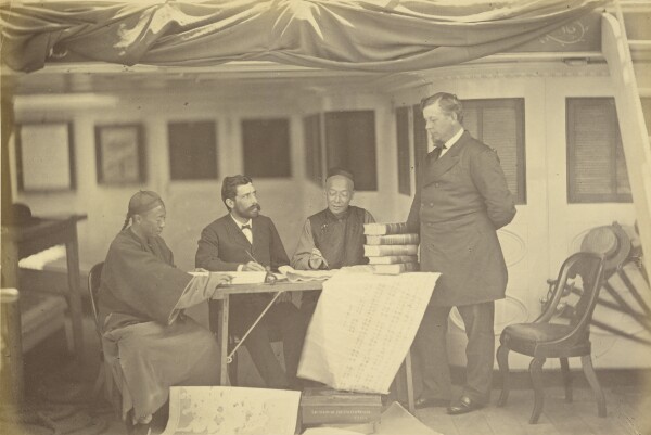 Felice Beato, Chinese interpreters with Secretary Drew and Minister Low in Cabin of the U.S. Flag Ship Colorado