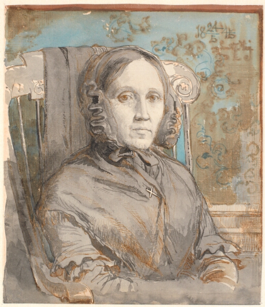 Johan Thomas Lundbye, Portræt af kunstnerens moder, oberstinde Cathrine Lundbye (f. Bonnevie); halvfigur siddende i stol mod højre.