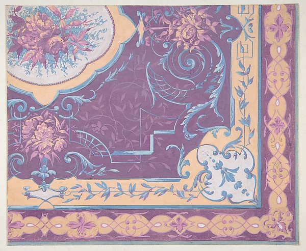 Jules-Edmond-Charles Lachaise, Wallpaper design featuring bouquets of roses, strapwork, and rinceaux