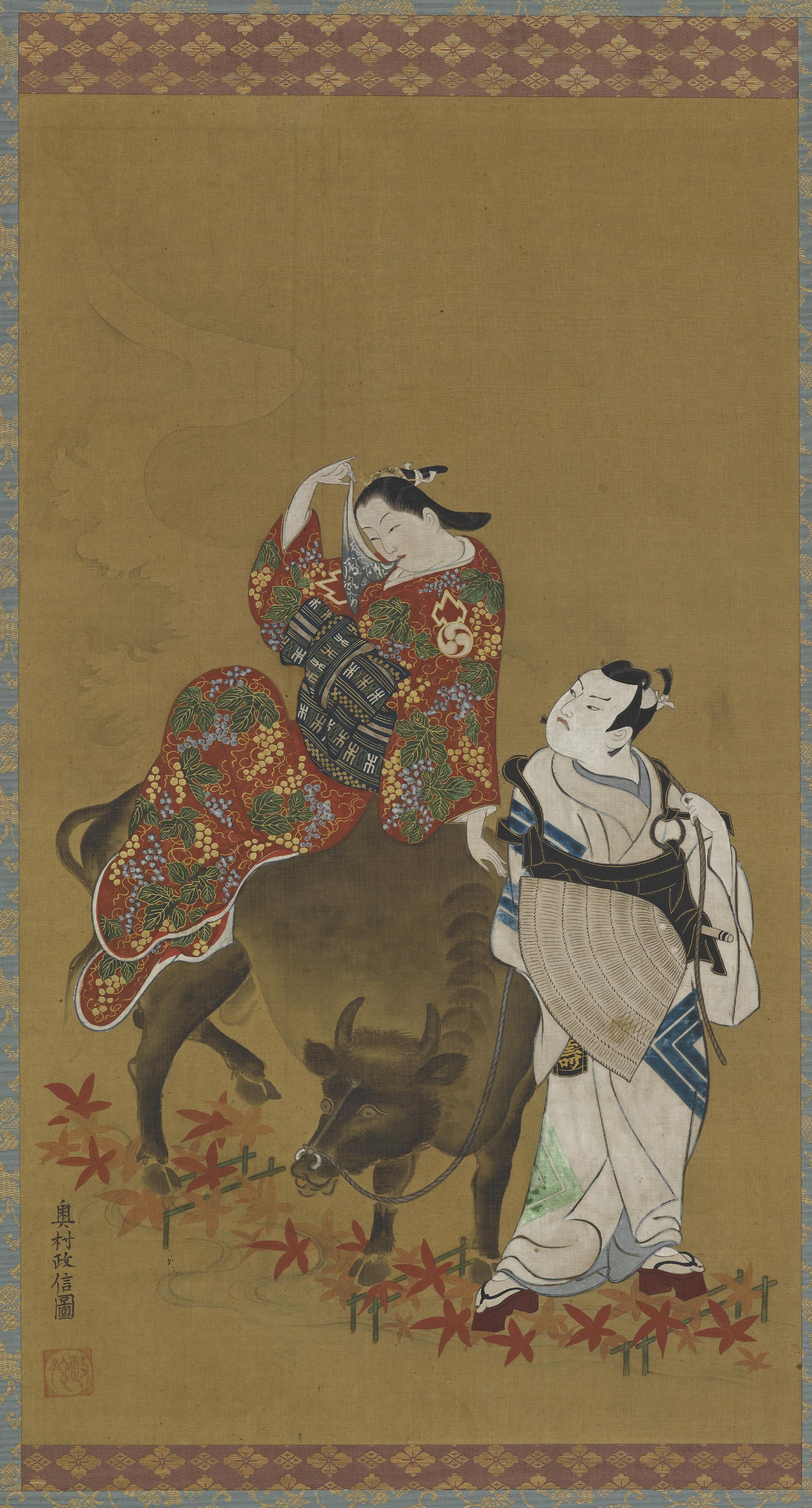 Okumura Masanobu, Two kabuki actors in the roles of a courtesan on a water buffalo and a traveling priest